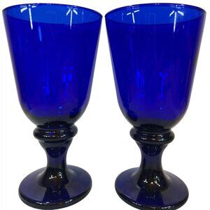 Vtg Hand-Blown Cobalt Blue Goblets Dark Solid Pedestal Stem each weighs 12 oz‎